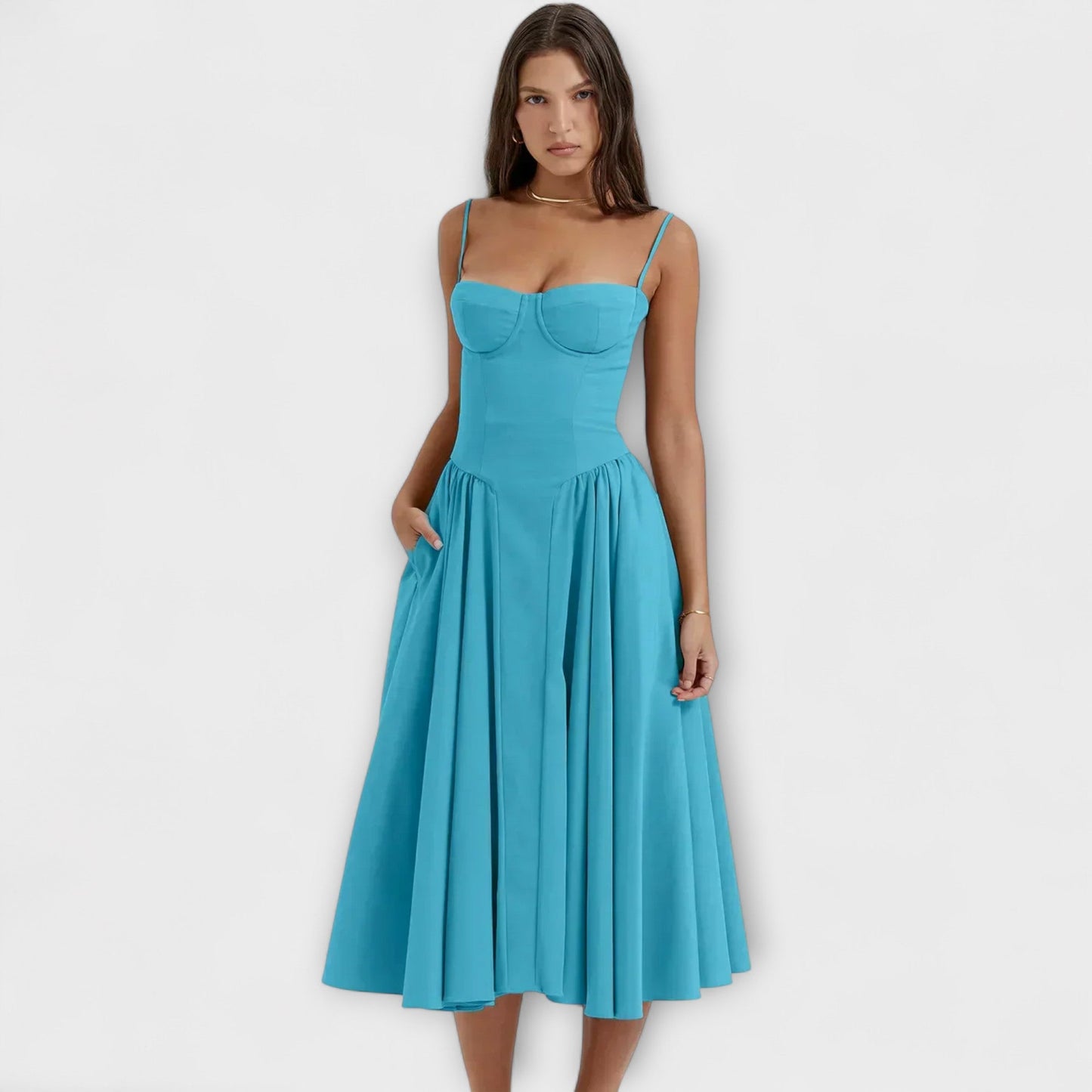 Rochie elegantă fără mâneci, cu corset