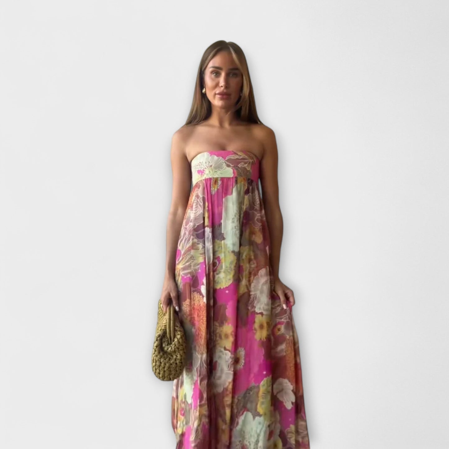 Rochie Maxi Plisată Retro Fără Bretele