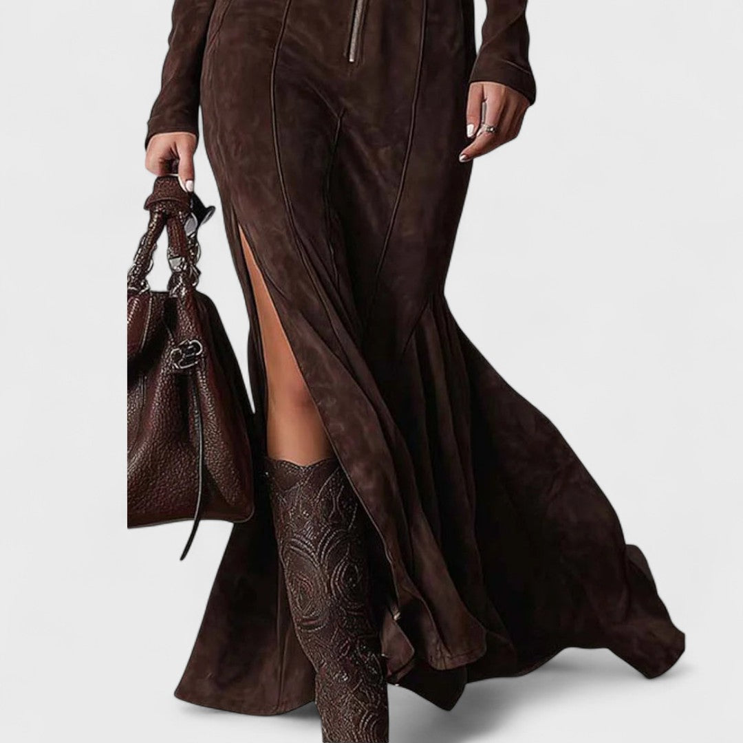 Rochie maxi din velur cu curea