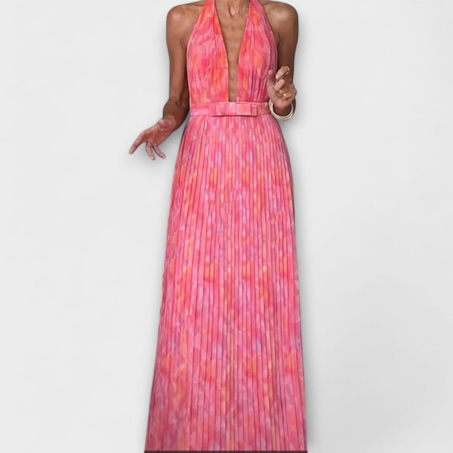 Rochie Maxi Elegantă cu Gât Halter și Decolteu în V