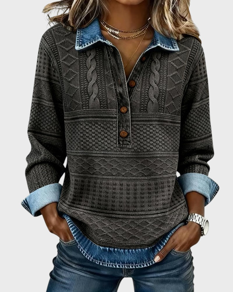 Bluză cu efect de tricot și detalii din denim