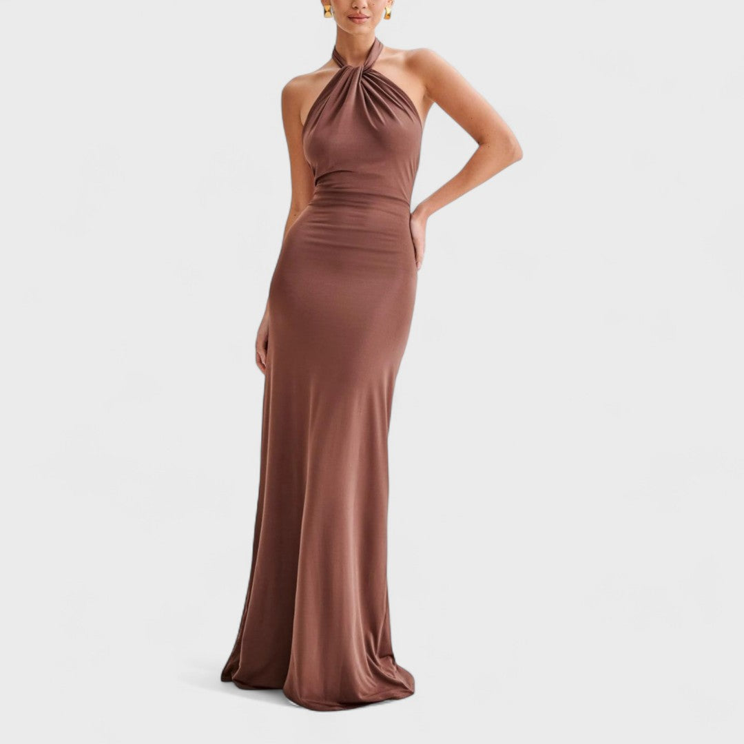 Klara – Rochie curvy din mătase cu guler halter