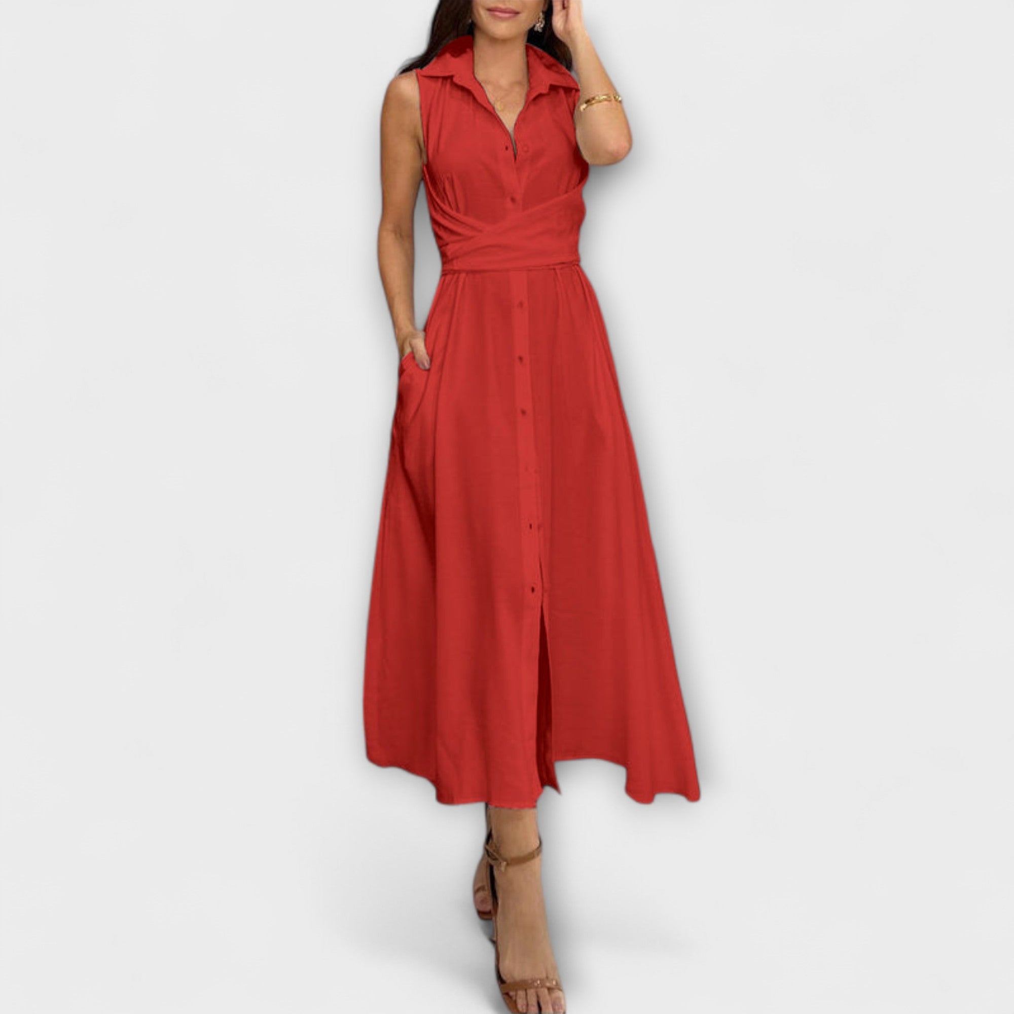 Rochie midi impresionantă cu închidere uniformă și detaliu de legare
