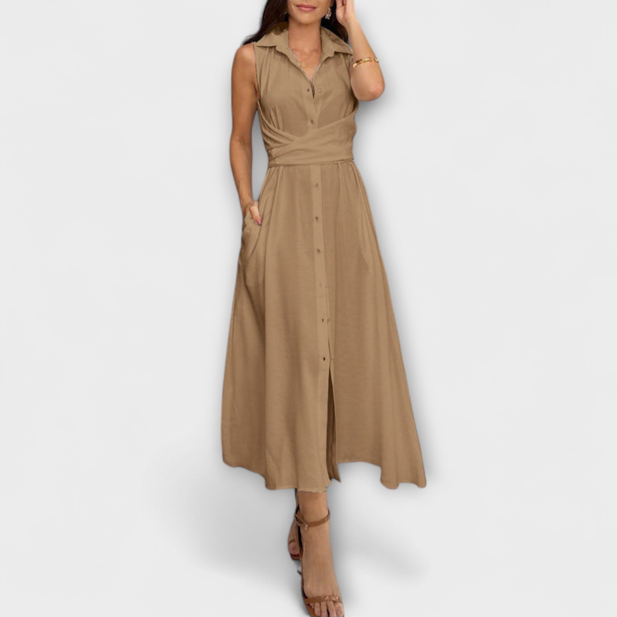 Rochie midi impresionantă cu închidere uniformă și detaliu de legare