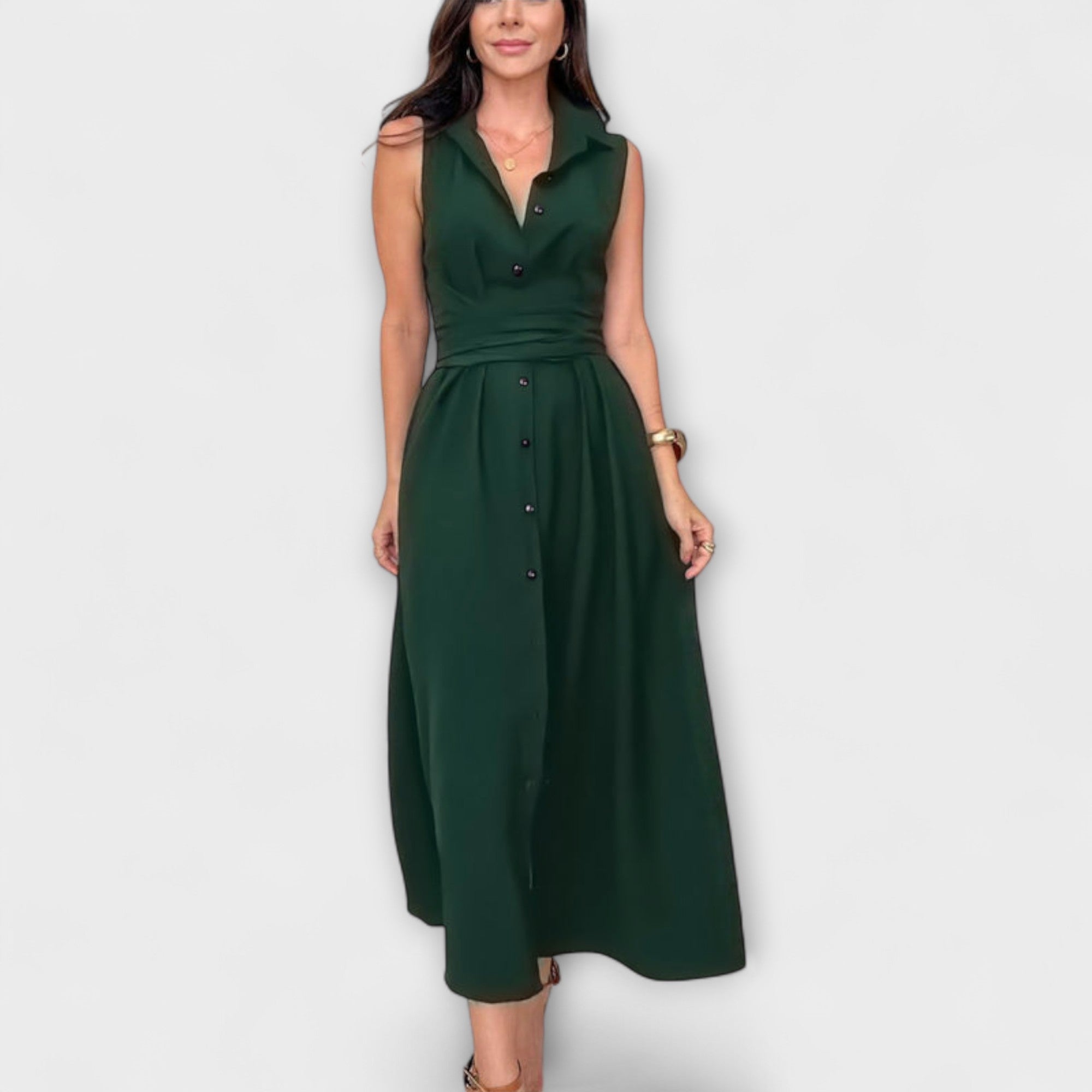 Rochie midi impresionantă cu închidere uniformă și detaliu de legare