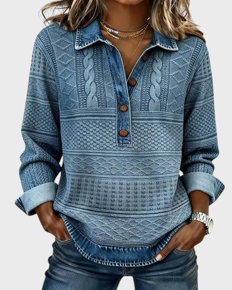 Bluză cu efect de tricot și detalii din denim