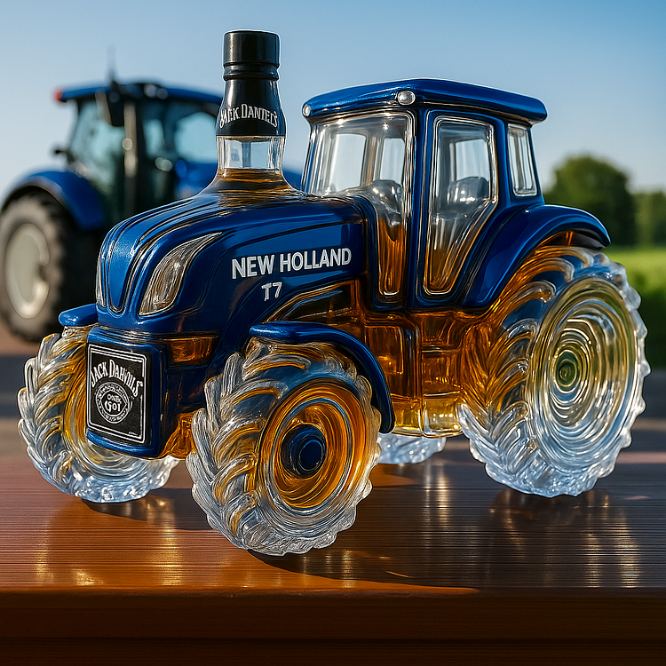 Sticlă clasică de whisky în formă de tractor New Holland T7