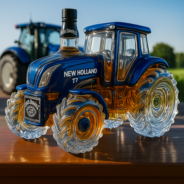 Sticlă clasică de whisky în formă de tractor New Holland T7