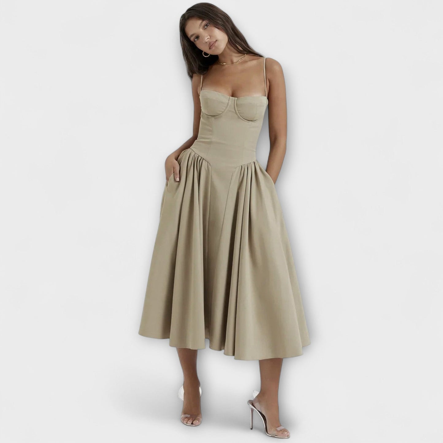 Rochie elegantă fără mâneci, cu corset