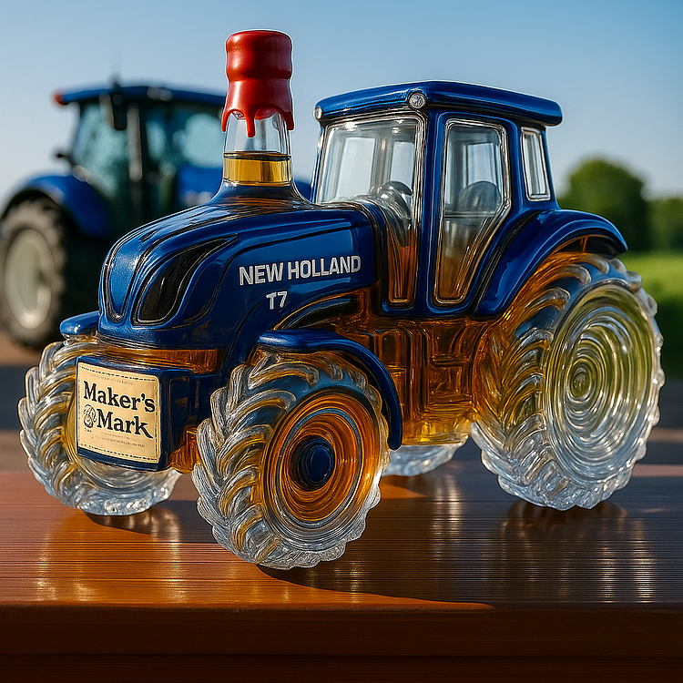 Sticlă clasică de whisky în formă de tractor New Holland T7