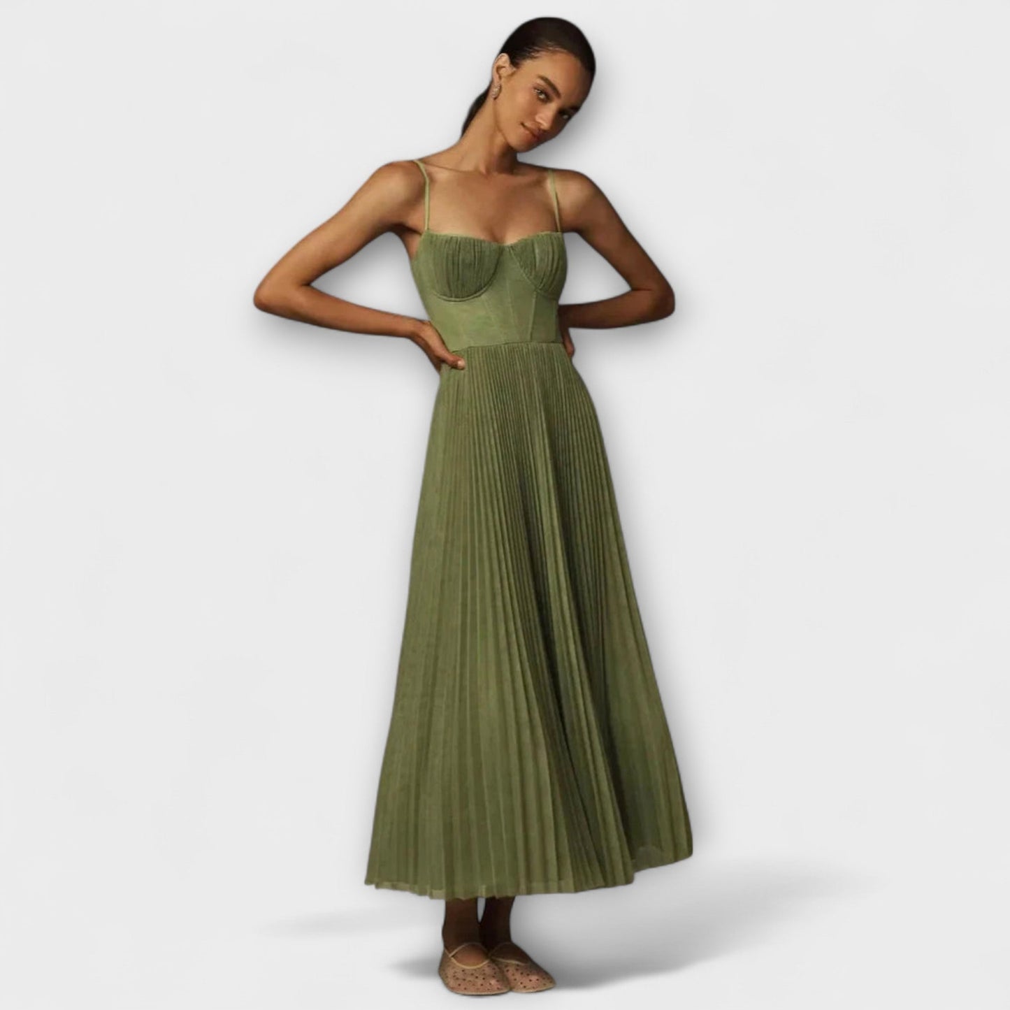 Rochie Midi cu Fustă Plisată din Tulle și Design Bustieră