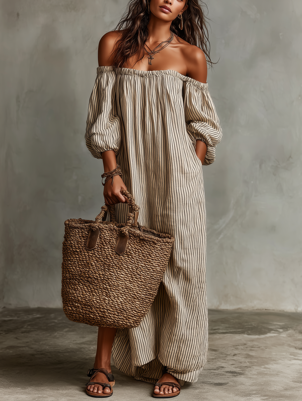 Carmen | Rochie Lungă din Bumbac și In cu Decolteu Off-the-Shoulder