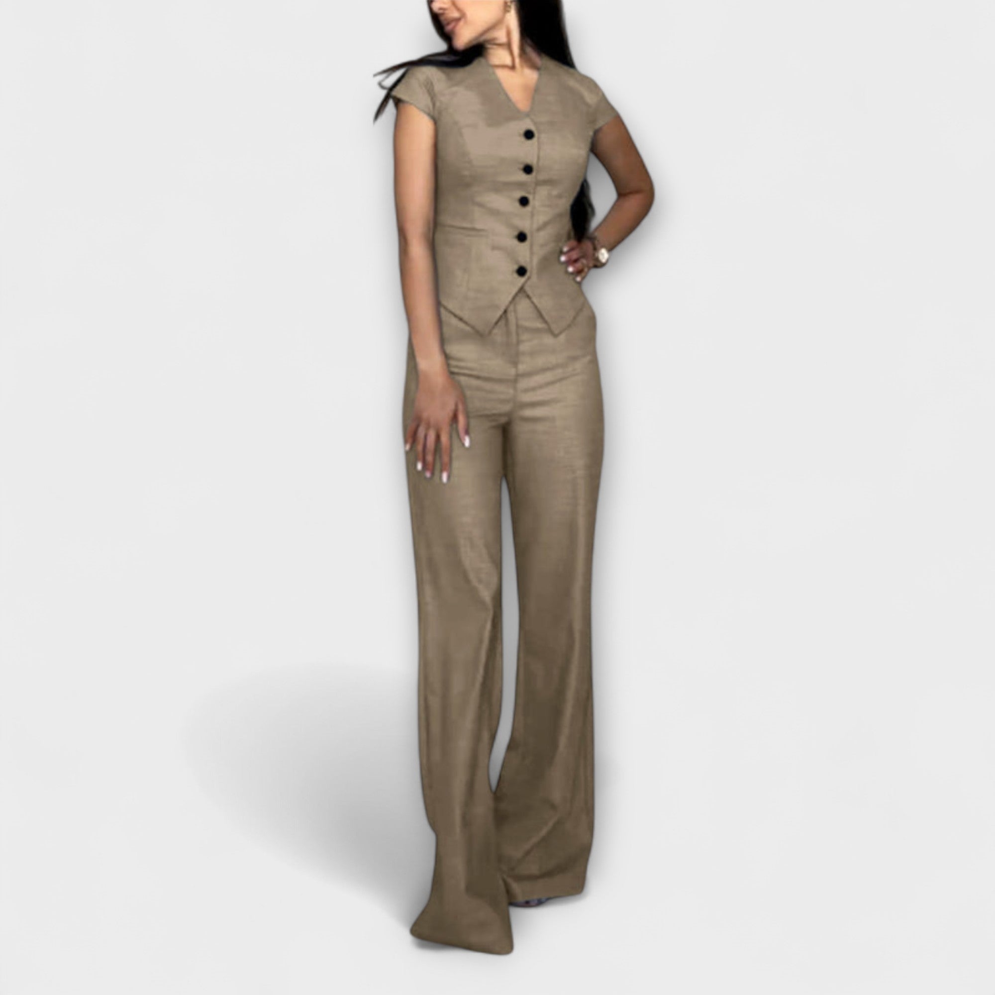 Set elegant de top cu decolteu în V și pantaloni