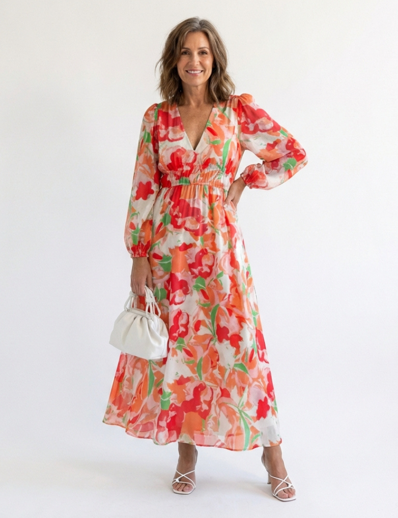 Camille | Rochie Maxi Florată cu Mâneci Lungi