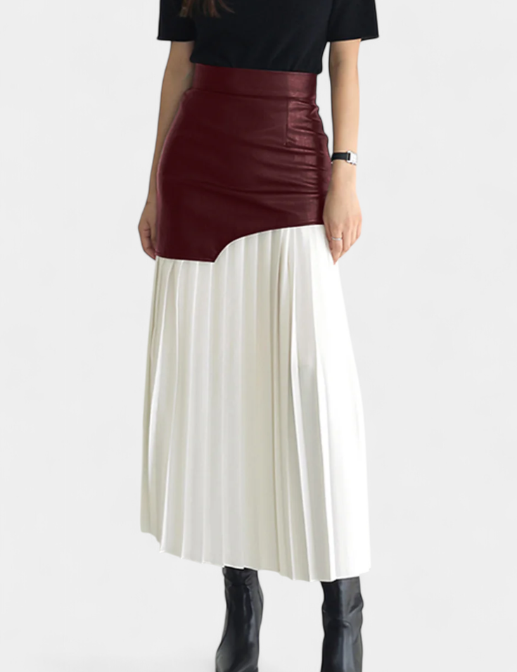 Fustă maxi asimetrică din chiffon și piele sintetică