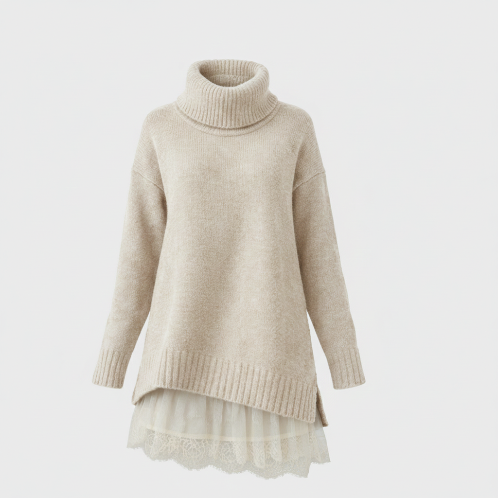 Rochie tricotată de lux cu guler înalt și detalii din dantelă