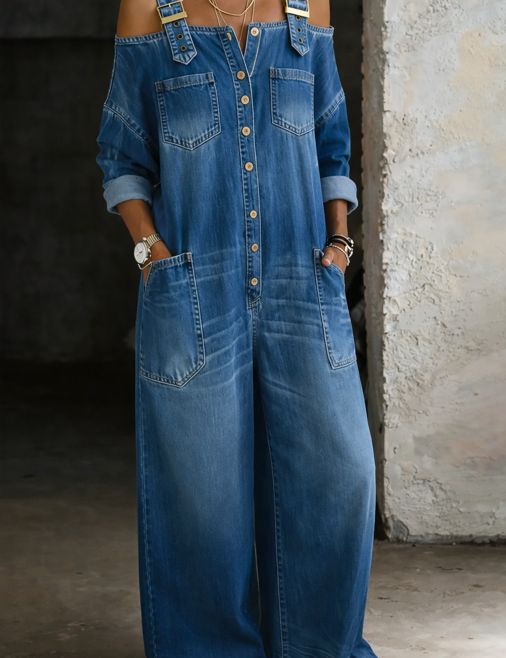 Sophia | Salopetă din denim cu umeri descoperiți