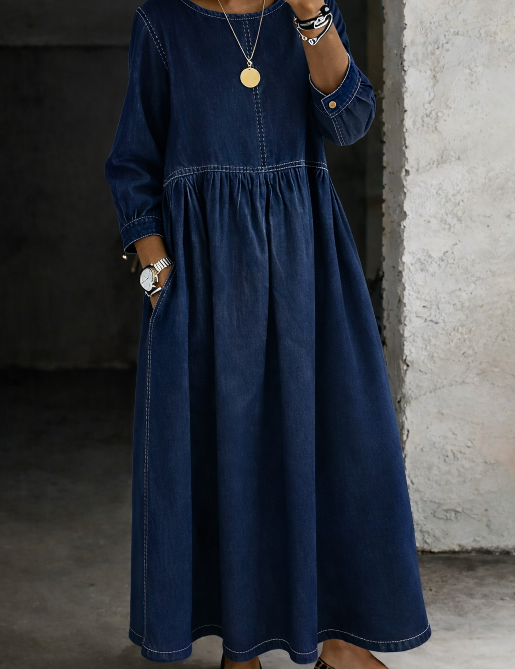 Melissa | Rochie din Denim cu Guler Rotund și Mâneci Lungi