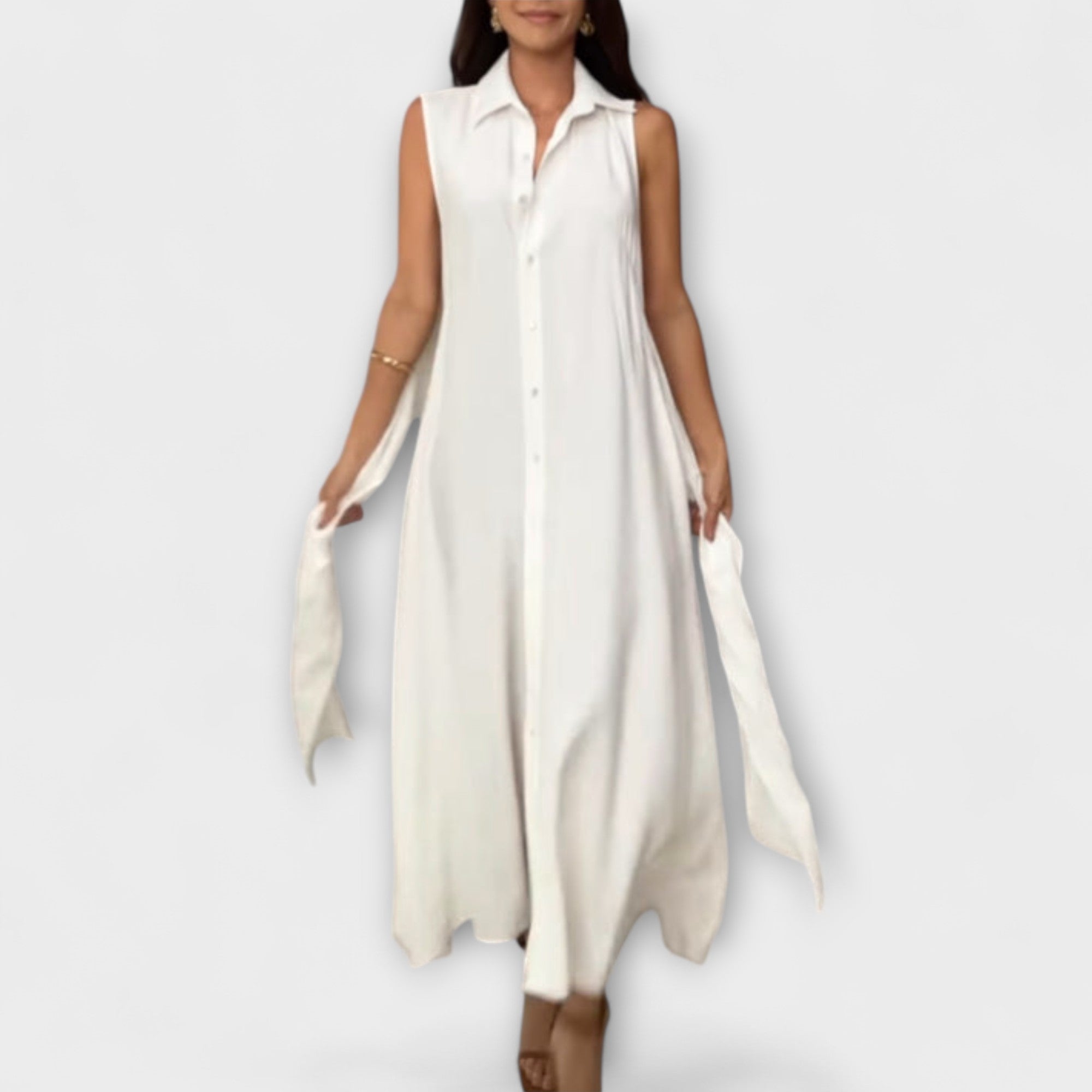 Rochie midi impresionantă cu închidere uniformă și detaliu de legare
