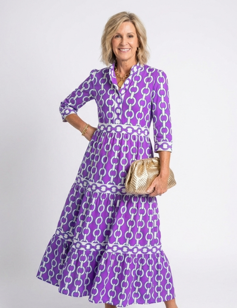Pauline | Rochie midi cu mâneci trei sferturi și model cu lanț