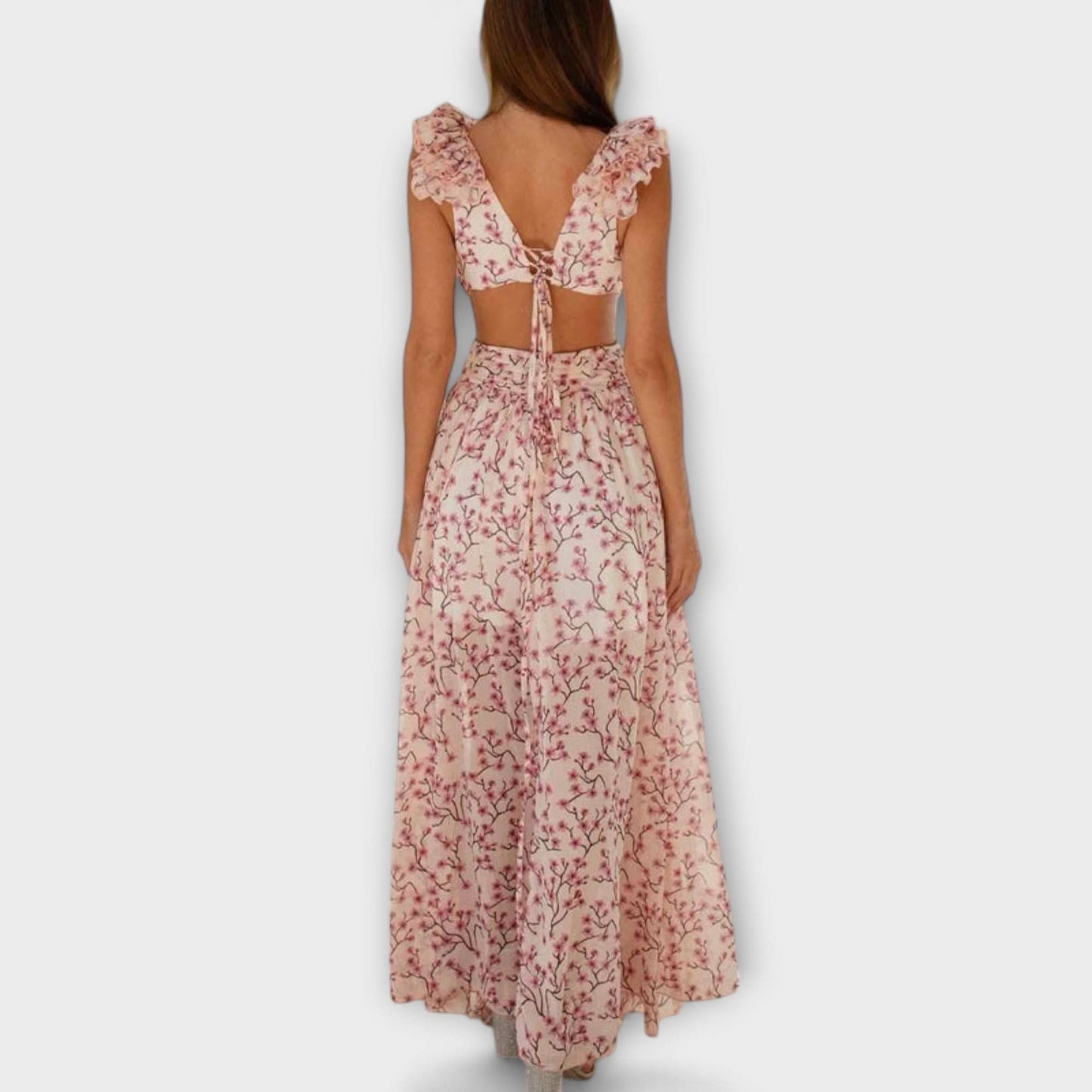 Rochie maxi cu volane și decupaje