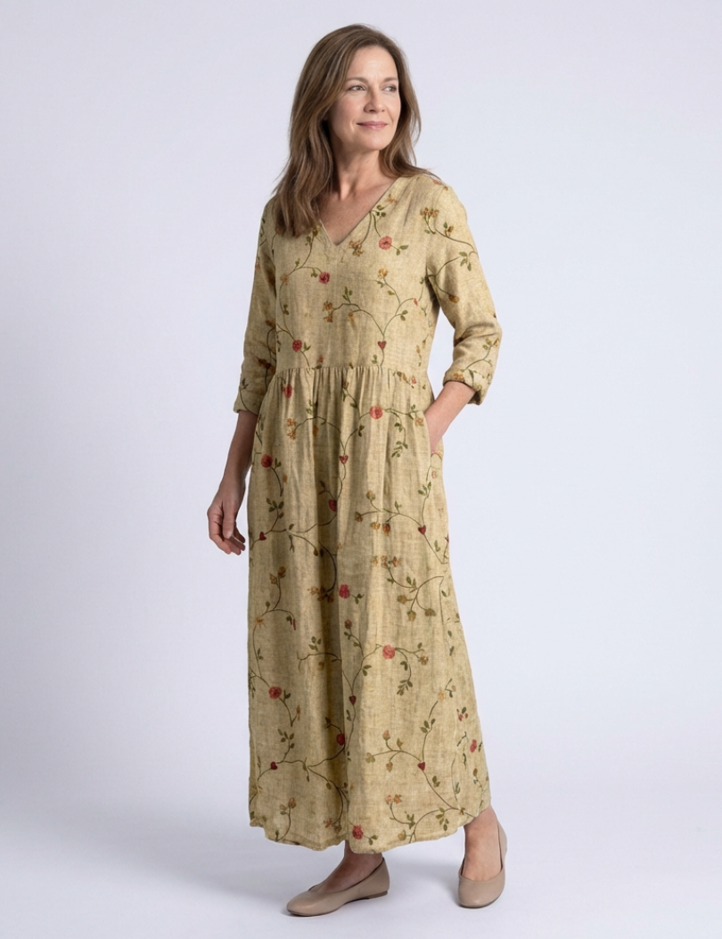 Valérie | Rochie maxi florală cu decolteu în V și mâneci trei sferturi