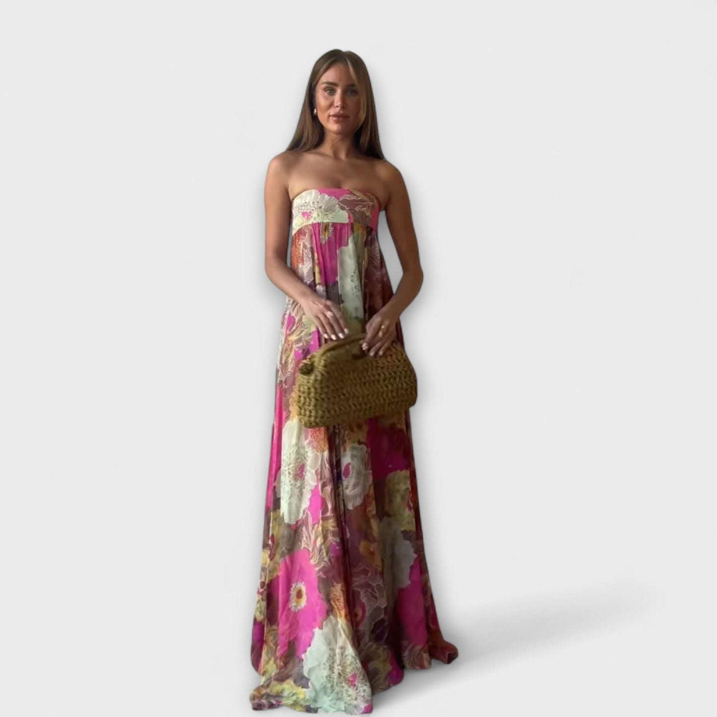 Rochie Maxi Plisată Retro Fără Bretele