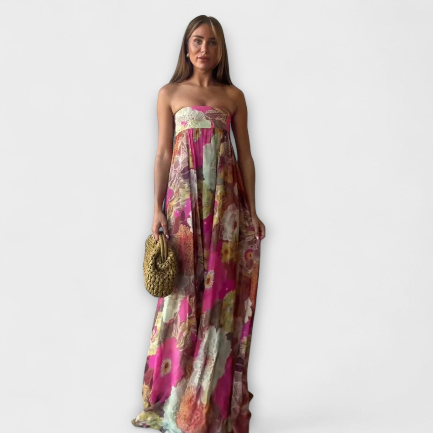 Rochie Maxi Plisată Retro Fără Bretele