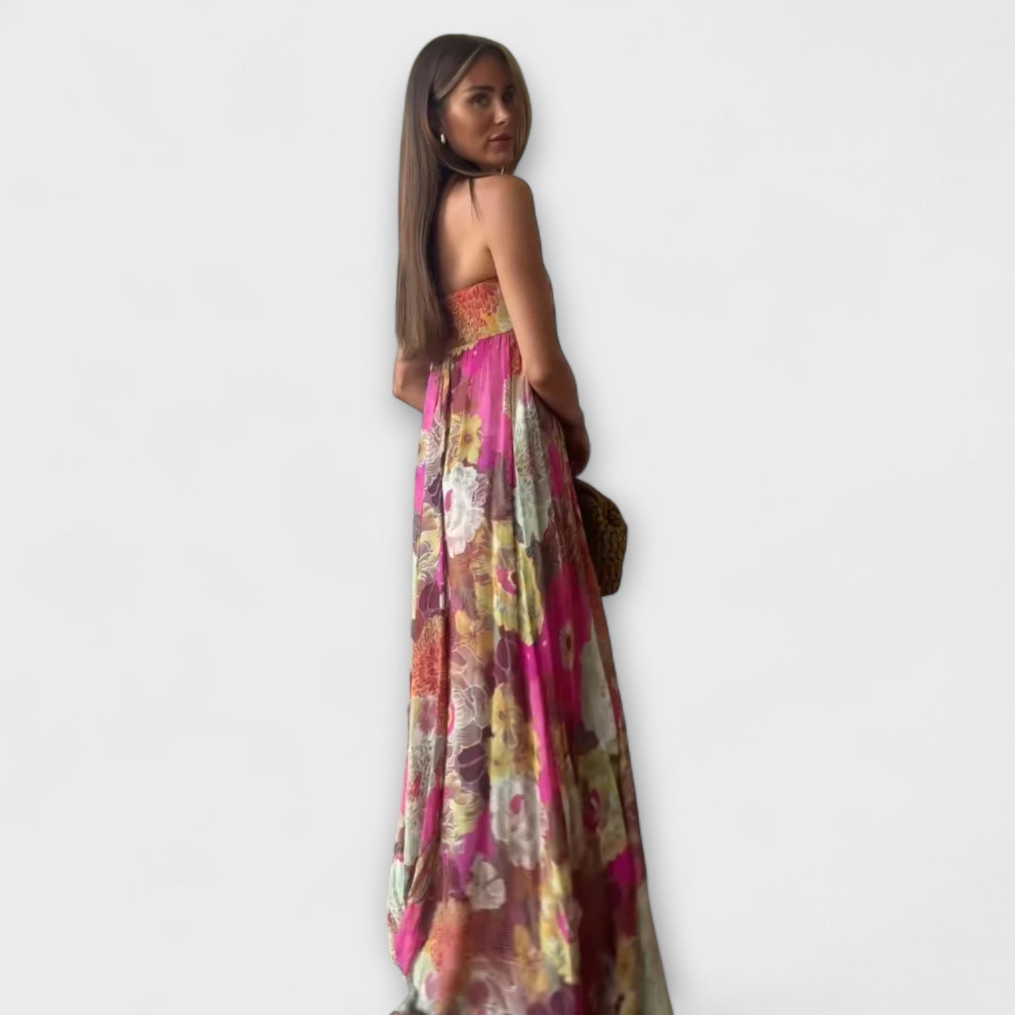 Rochie Maxi Plisată Retro Fără Bretele