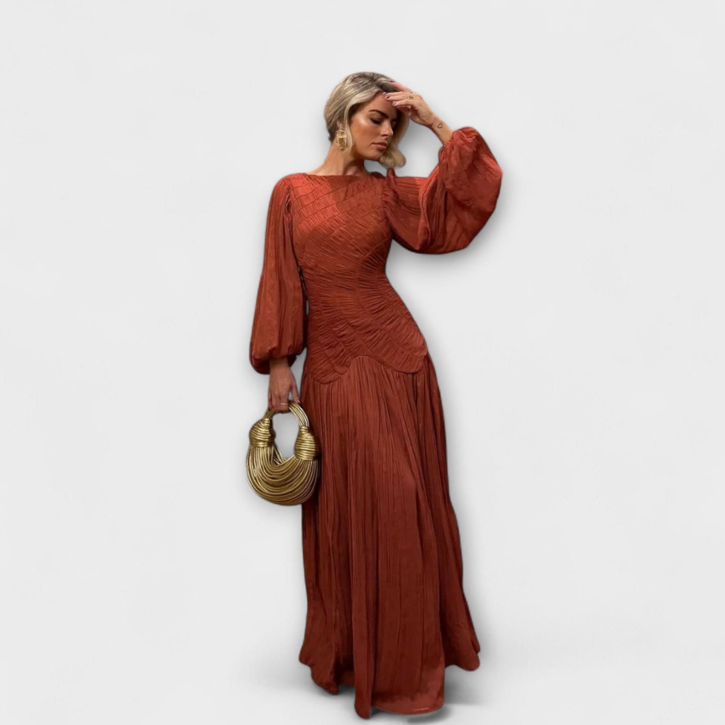 Rochie elegantă plisată cu mânecă lungă