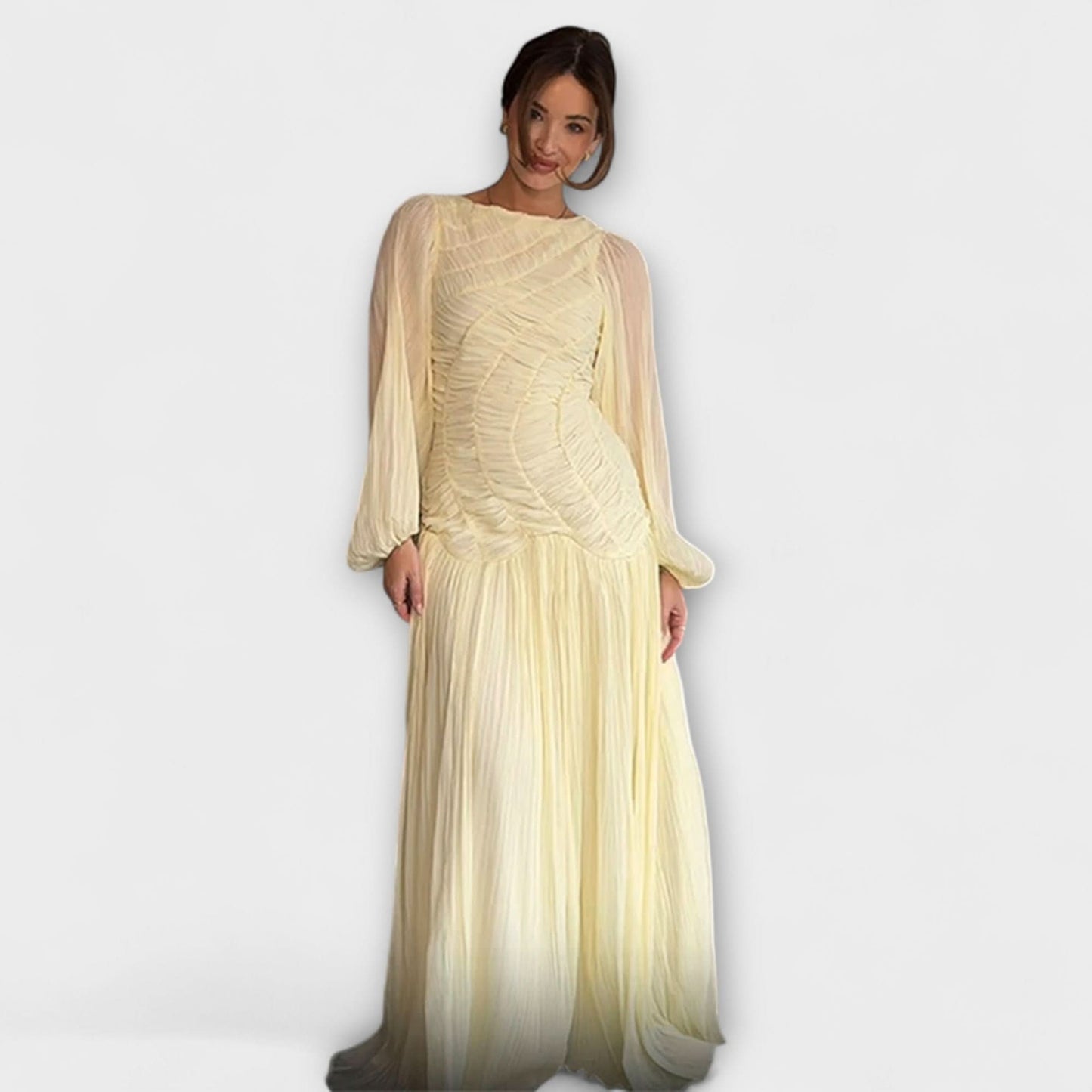 Rochie elegantă plisată cu mânecă lungă