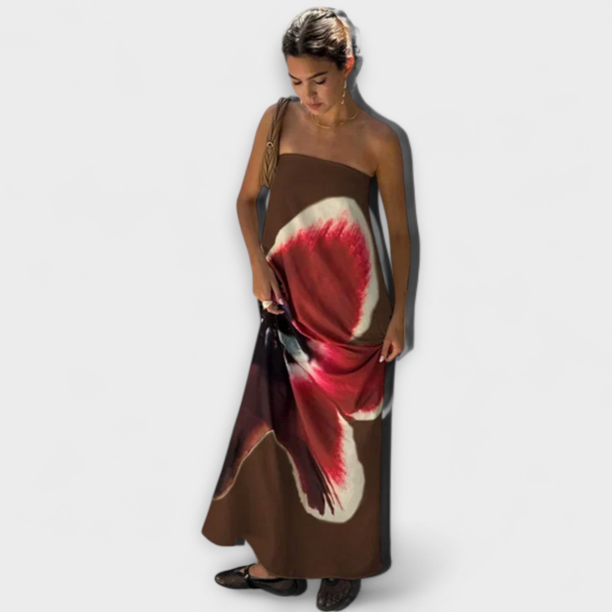 Rochie maxi chic fără umeri