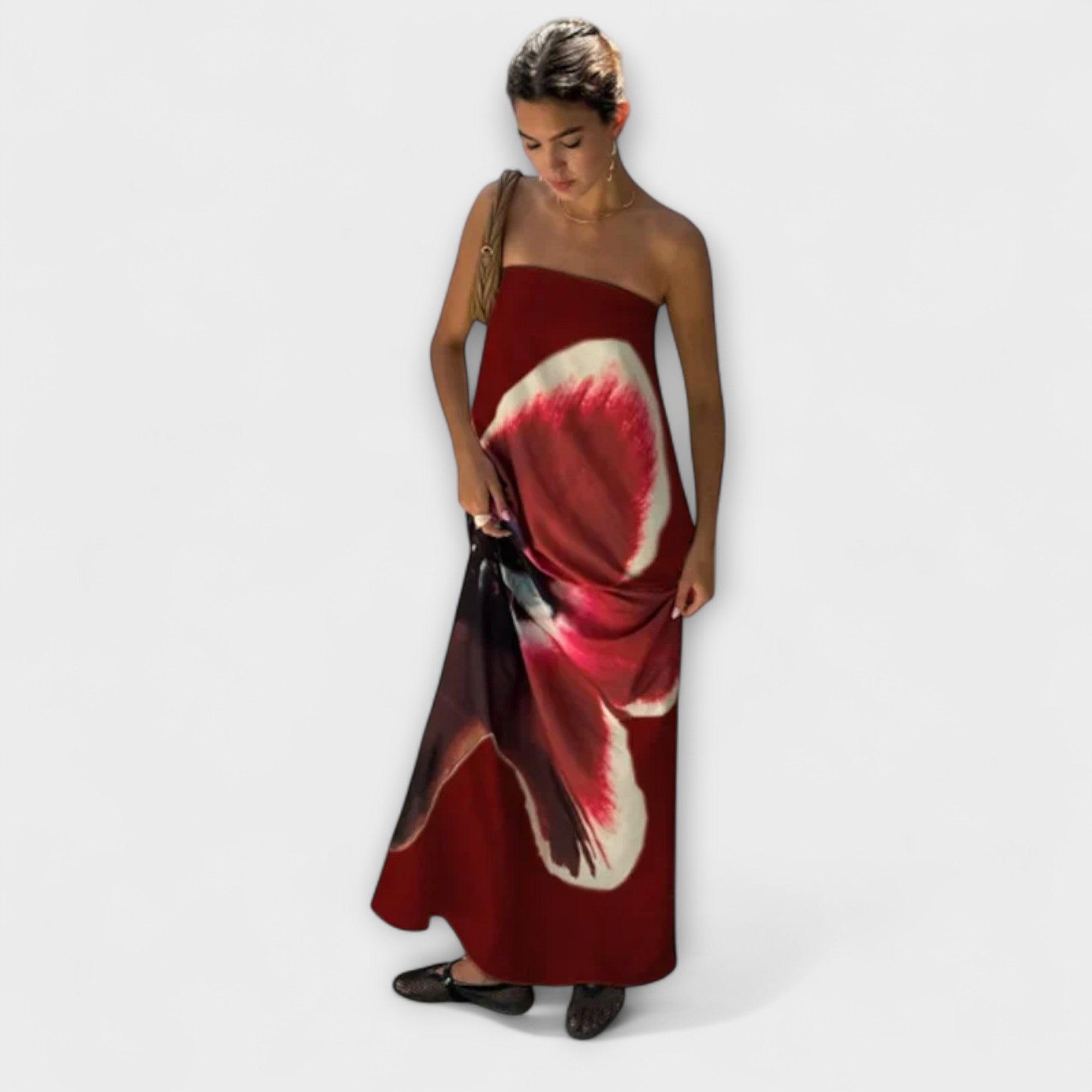 Rochie maxi chic fără umeri