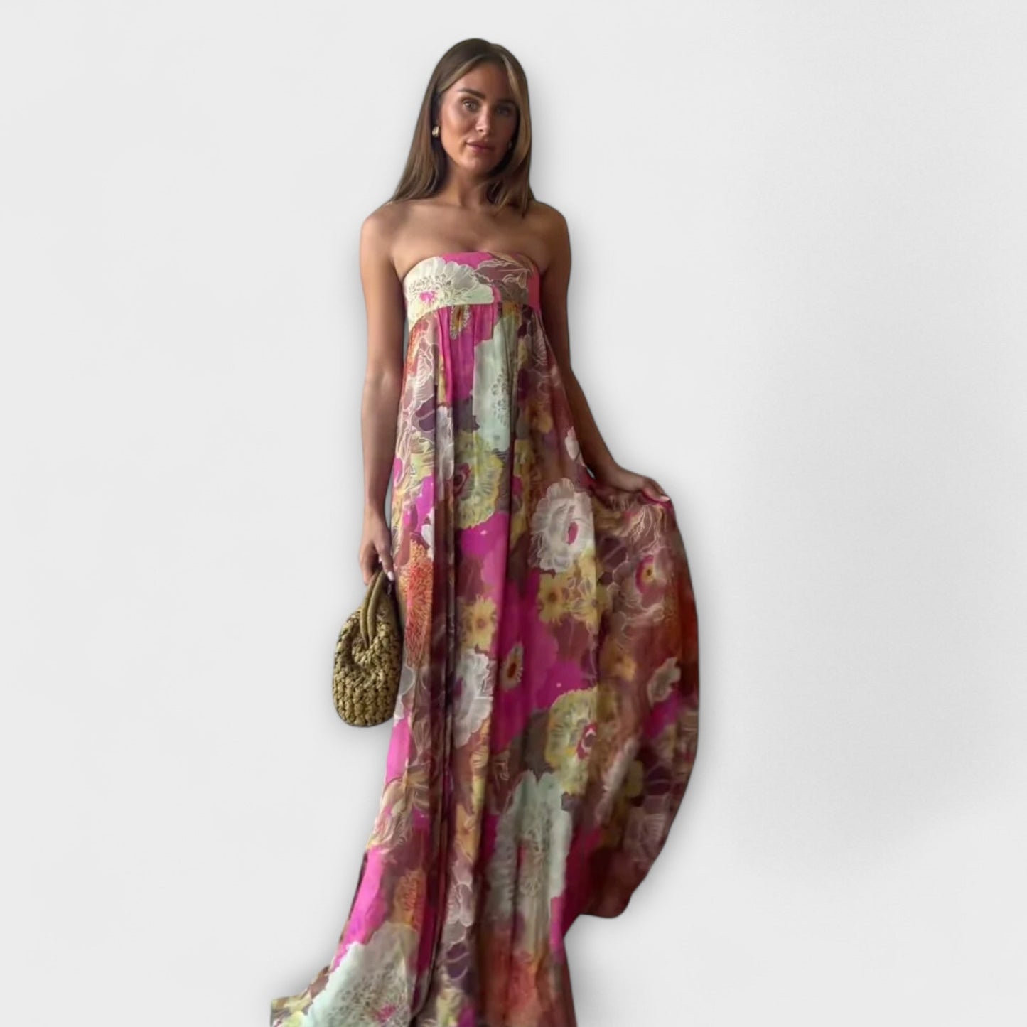 Rochie Maxi Plisată Retro Fără Bretele