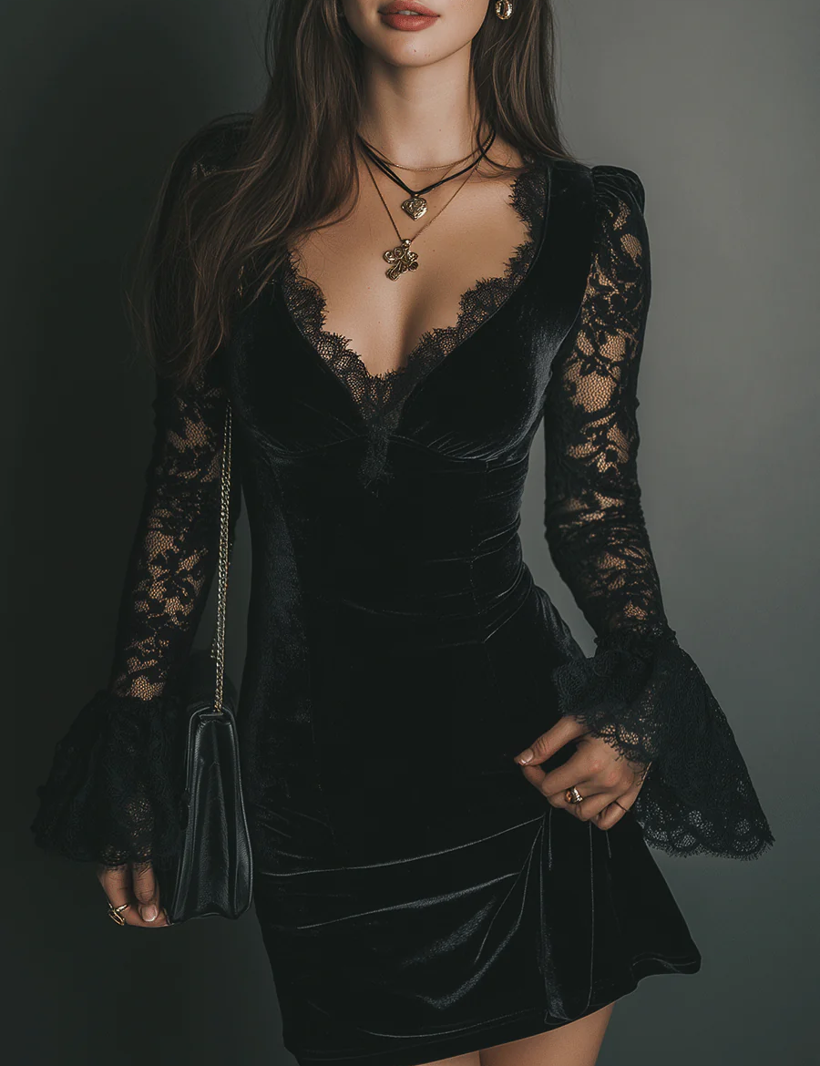 Mélanie | Rochie Mini din Catifea & Dantelă Luna