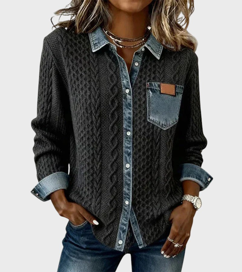 Cardigan tricotat cu detalii din denim