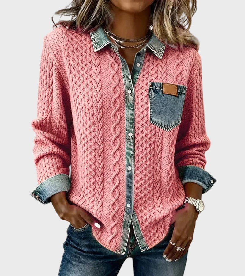 Cardigan tricotat cu detalii din denim