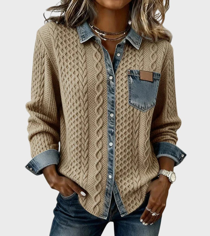 Cardigan tricotat cu detalii din denim