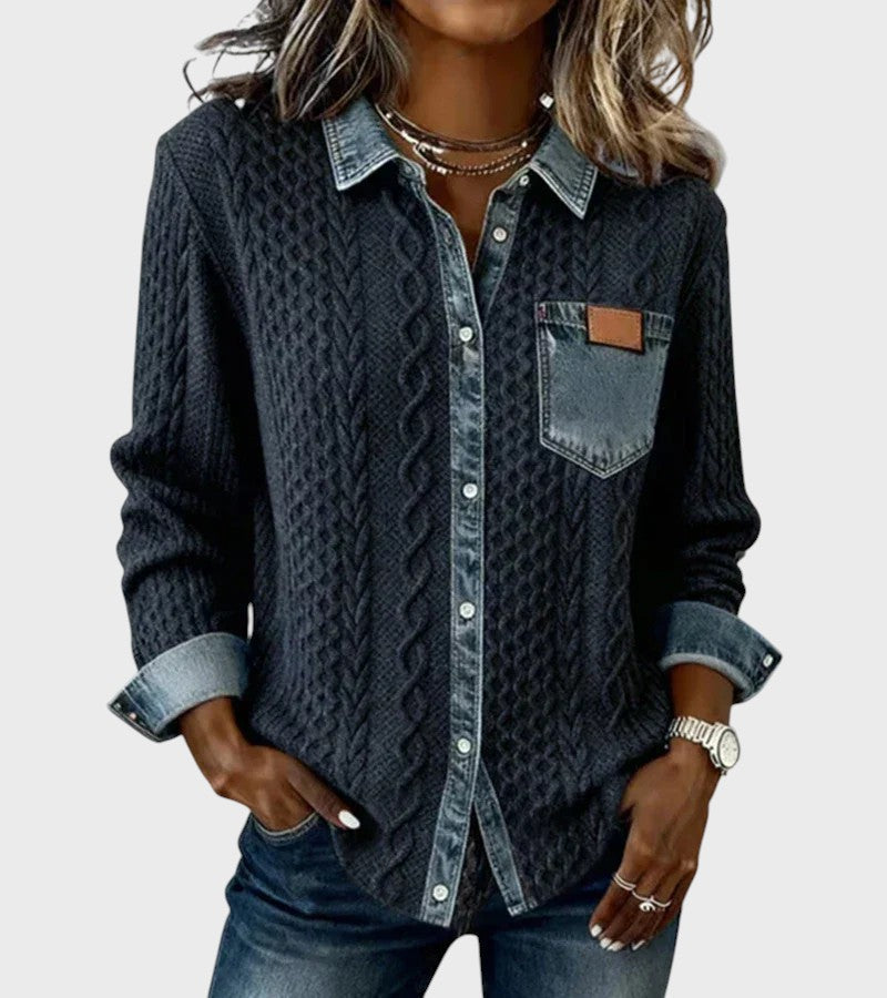 Cardigan tricotat cu detalii din denim