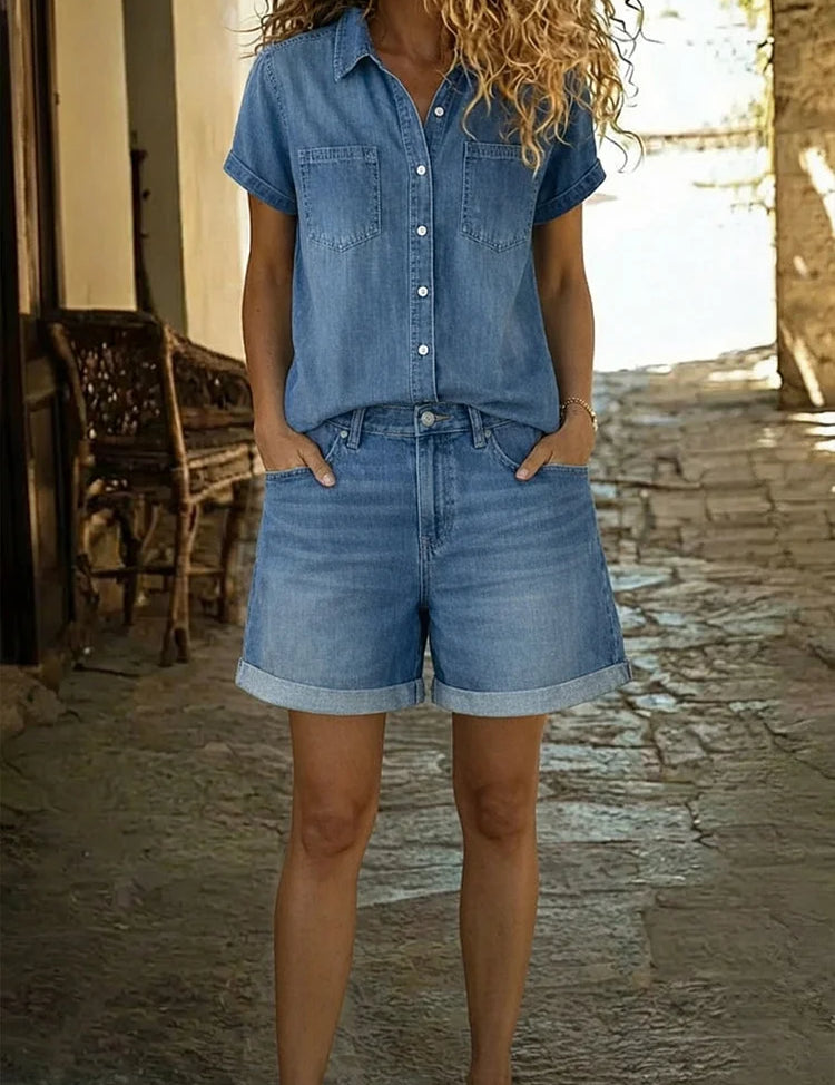 Stephanie | Ansamblu Relaxat din Denim Scurt
