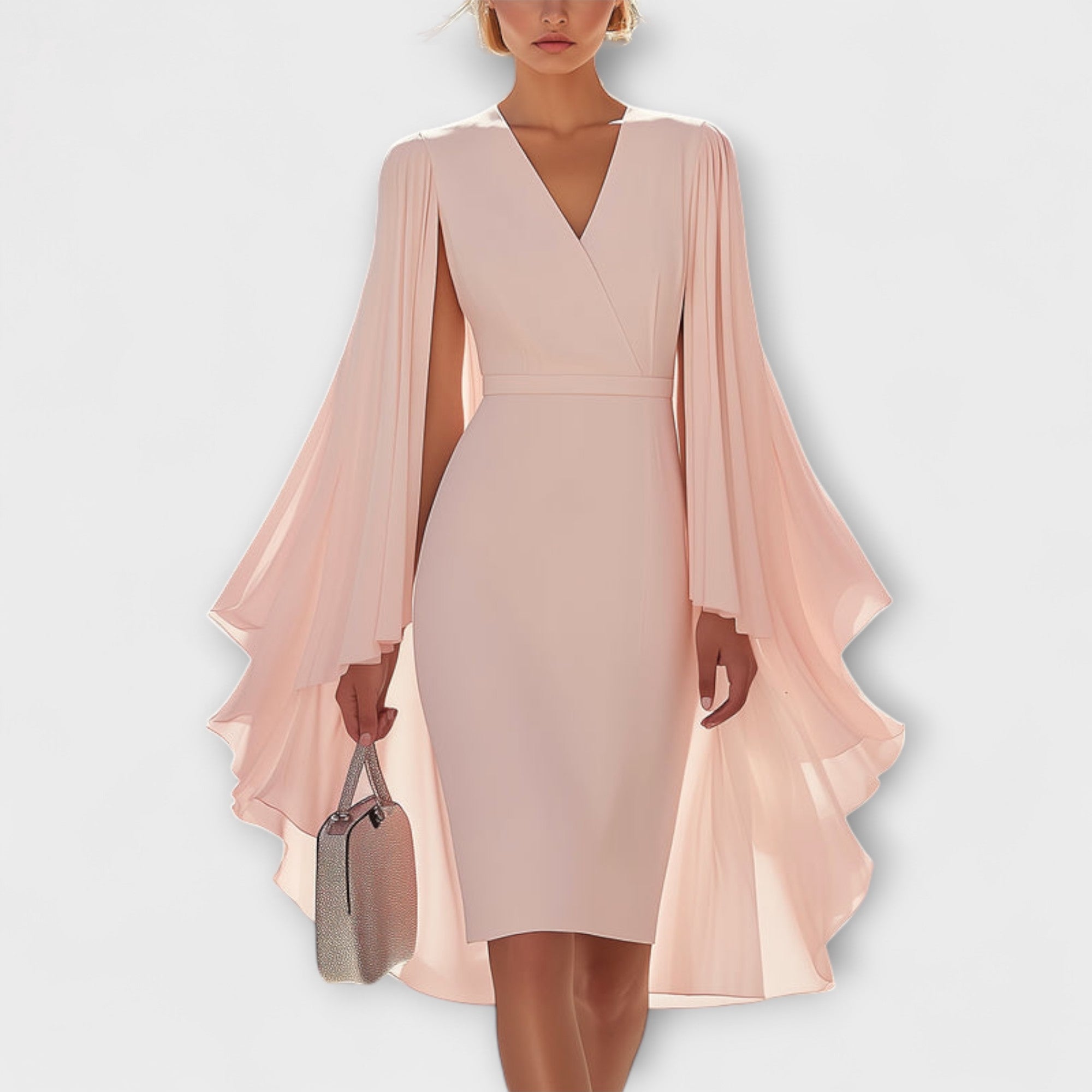 Rochie midi roz cu decolteu în V și mâneci din chiffon