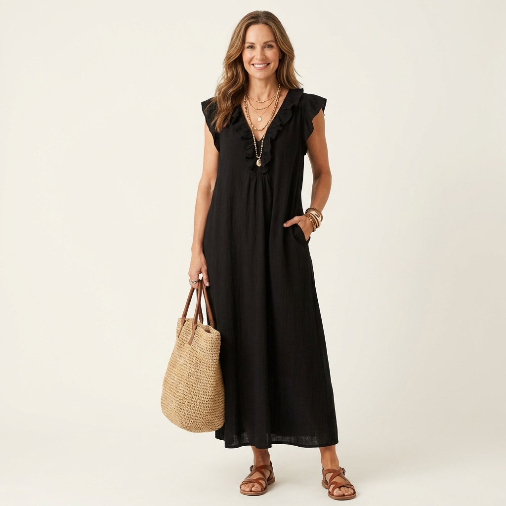 Josette | Rochie Maxi din In cu Dantelă în V