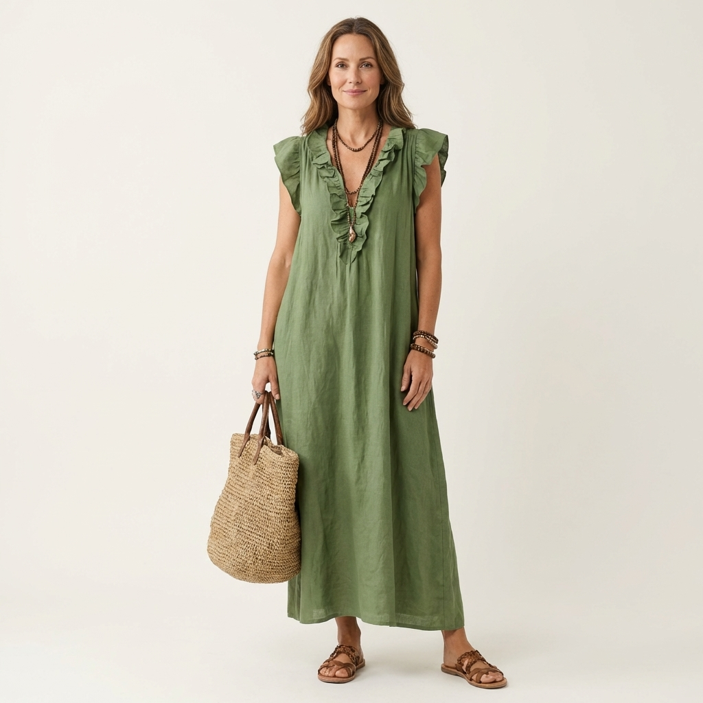 Josette | Rochie Maxi din In cu Dantelă în V