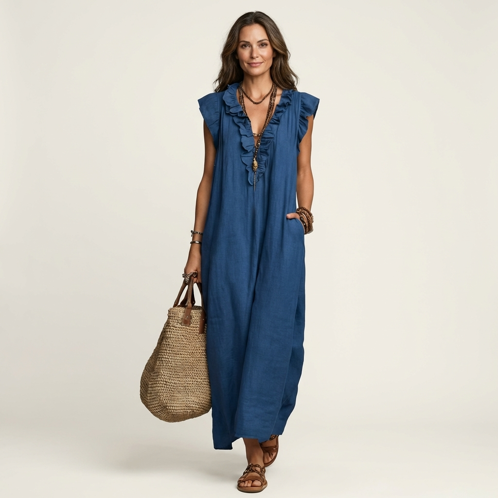 Josette | Rochie Maxi din In cu Dantelă în V