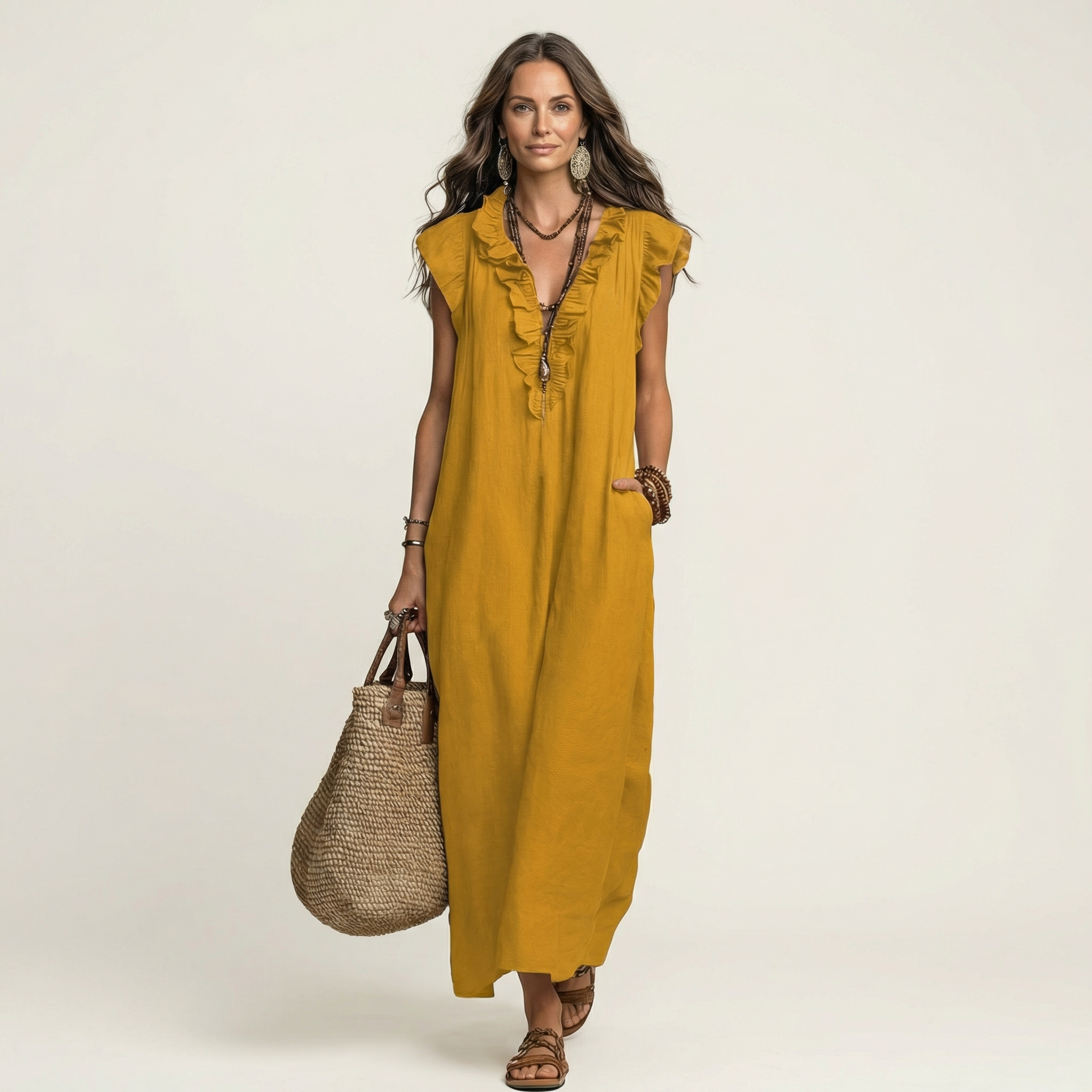 Josette | Rochie Maxi din In cu Dantelă în V