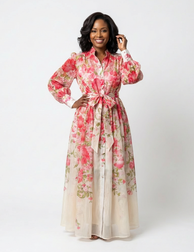 Delphine | Rochie maxi fluidă cu mâneci lungi și flori