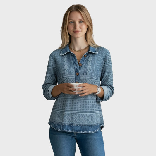 Bluză cu efect de tricot și detalii din denim